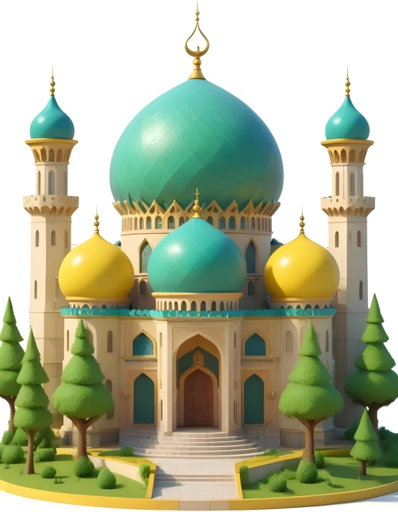Digital Painting A Colorful Cartoon Mosque With A Large Green Dome Smaller Yellow And Blue Domes And Two Minarets Surrounded By Green Trees Bold And Slim Lines Brush Strokes 22 7e6a