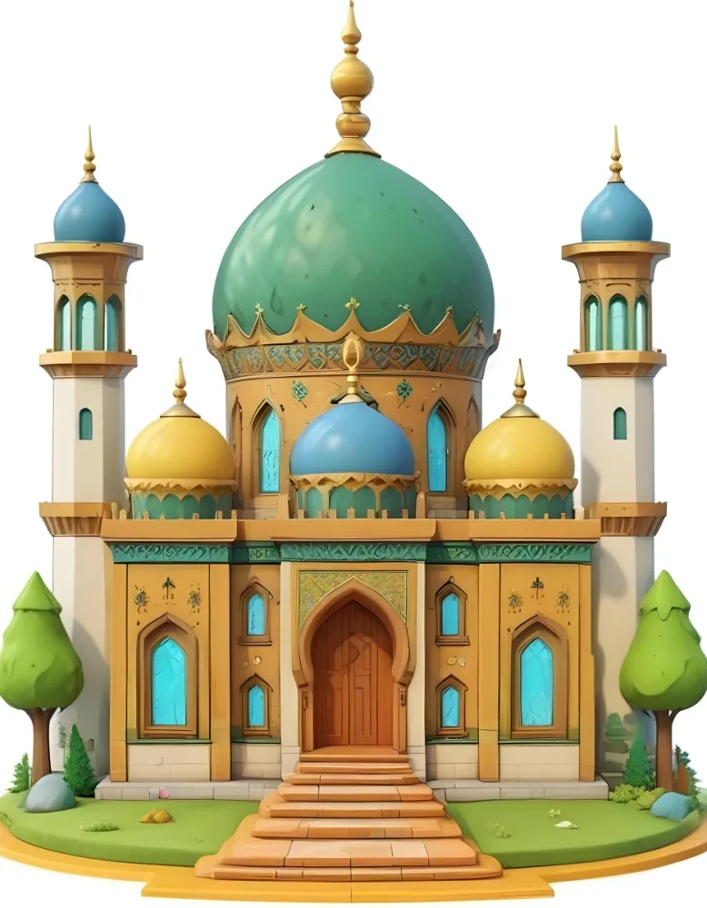 Digital Painting A Colorful Cartoon Mosque With A Large Green Dome Smaller Yellow And Blue Domes And Two Minarets Surrounded By Green Trees Bold And Slim Lines Brush Strokes 42 E58c