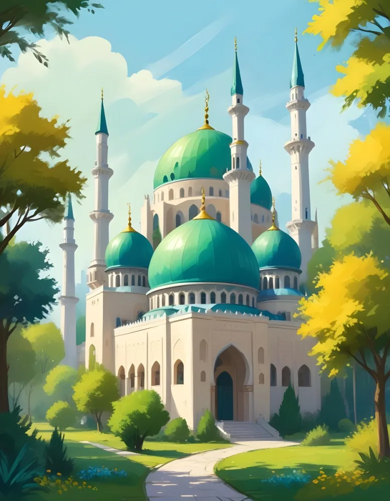 Digital Painting A Colorful Cartoon Mosque With A Large Green Dome Smaller Yellow And Blue Domes And Two Minarets Surrounded By Green Trees Bold And Slim Lines Brush Strokes 59 A1ba