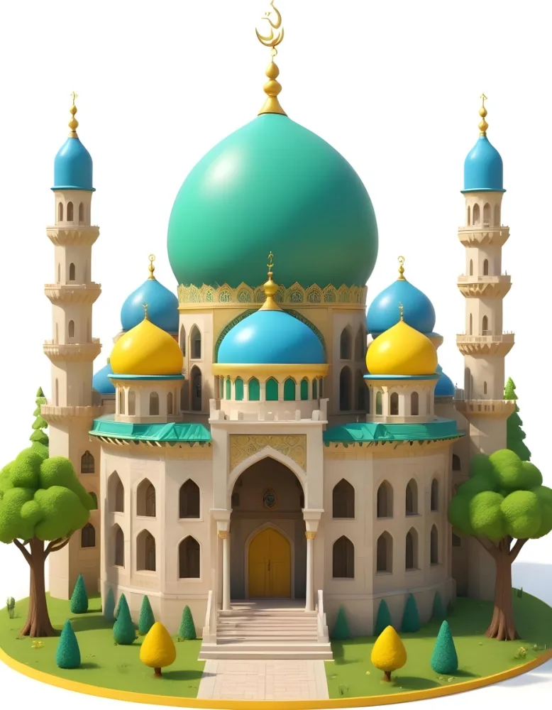Digital Painting A Colorful Cartoon Mosque With A Large Green Dome Smaller Yellow And Blue Domes And Two Minarets Surrounded By Green Trees Bold And Slim Lines Brush Strokes 6 43e1