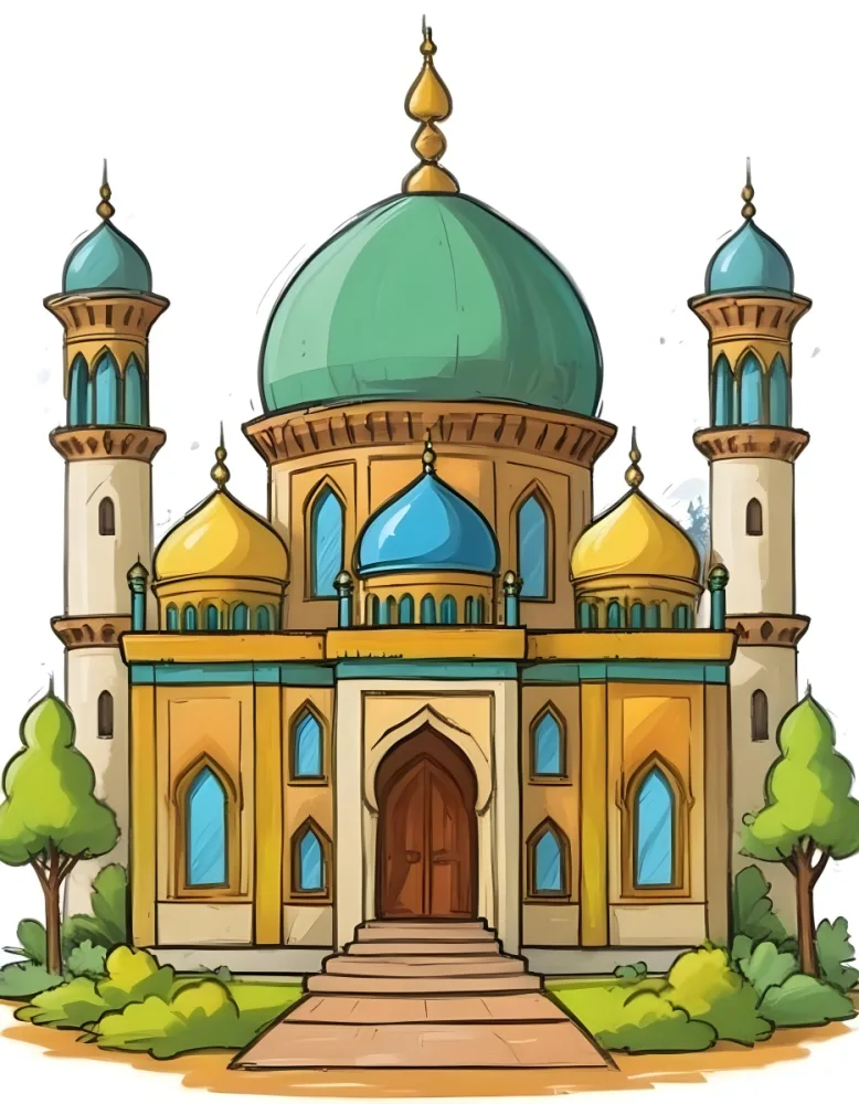 Digital Painting A Colorful Cartoon Mosque With A Large Green Dome Smaller Yellow And Blue Domes And Two Minarets Surrounded By Green Trees Bold And Slim Lines Brush Strokes 7 5001