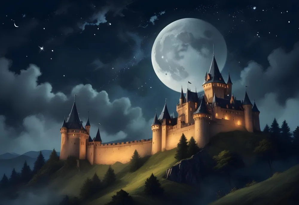 Digital Painting A Giant Crescent Moon Over A Castle On A Hill The Sky Is Cloudy With Stars The Moon Is Textured And Illuminated Dreamy Atmosphere Bold And Slim Lines Brush Strokes 10 6b07