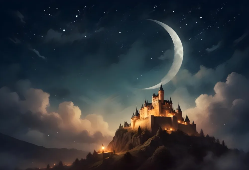 Digital Painting A Giant Crescent Moon Over A Castle On A Hill The Sky Is Cloudy With Stars The Moon Is Textured And Illuminated Dreamy Atmosphere Bold And Slim Lines Brush Strokes 12 A3fc