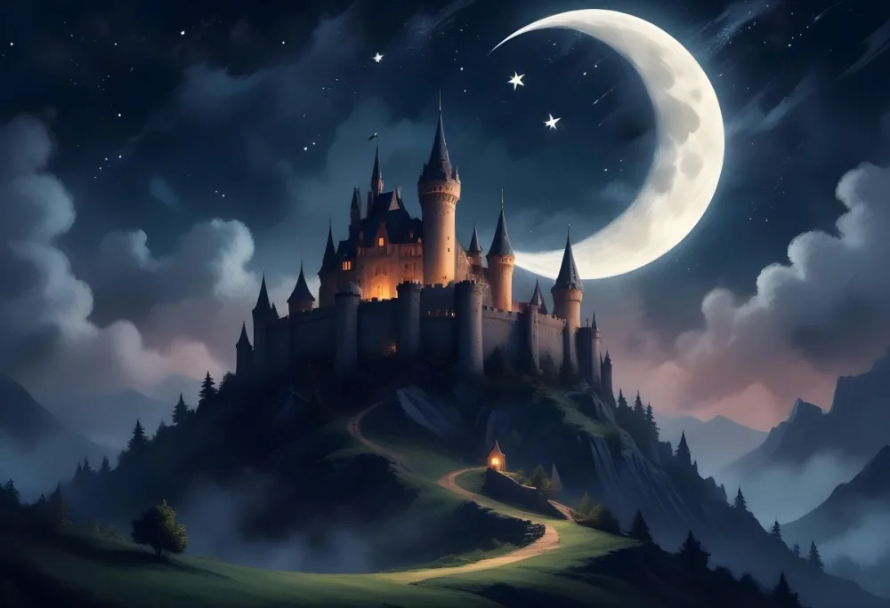 Digital Painting A Giant Crescent Moon Over A Castle On A Hill The Sky Is Cloudy With Stars The Moon Is Textured And Illuminated Dreamy Atmosphere Bold And Slim Lines Brush Strokes 13 102d
