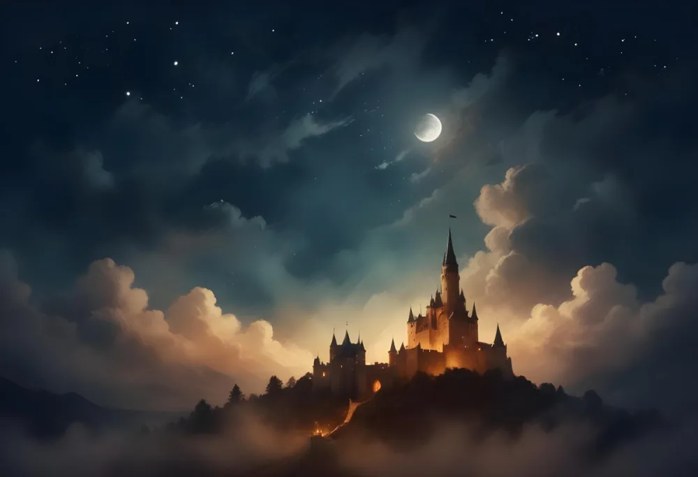 Digital Painting A Giant Crescent Moon Over A Castle On A Hill The Sky Is Cloudy With Stars The Moon Is Textured And Illuminated Dreamy Atmosphere Bold And Slim Lines Brush Strokes 14 F57b