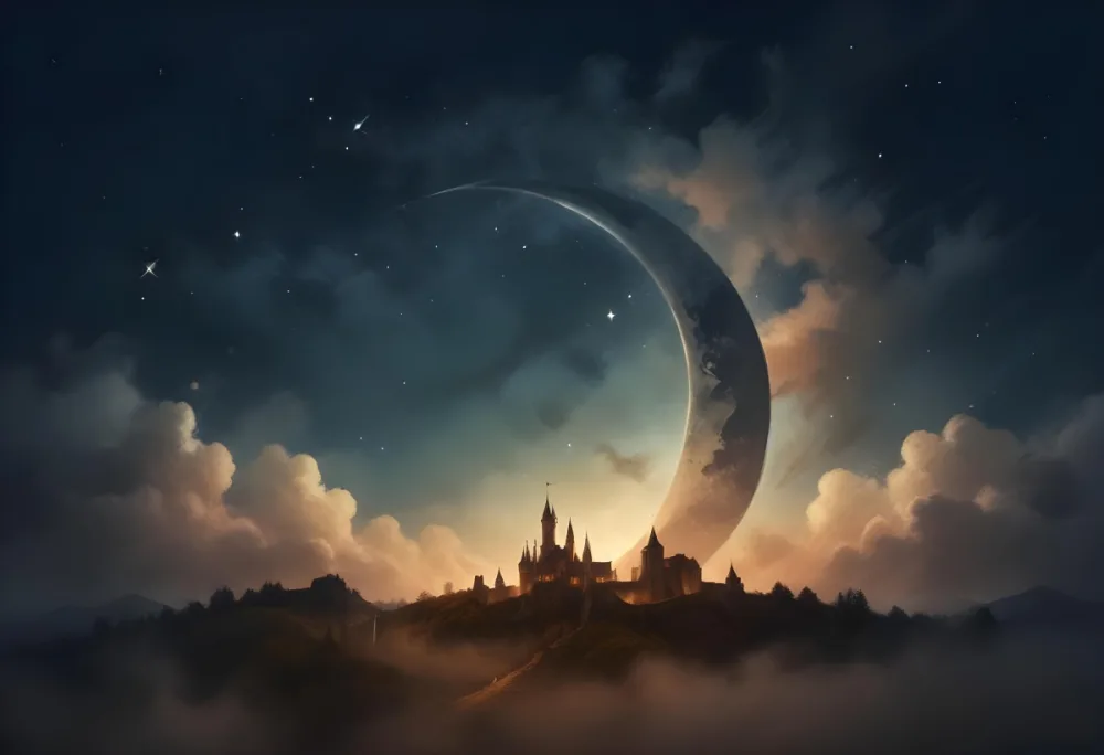 Digital Painting A Giant Crescent Moon Over A Castle On A Hill The Sky Is Cloudy With Stars The Moon Is Textured And Illuminated Dreamy Atmosphere Bold And Slim Lines Brush Strokes 15 E8a5