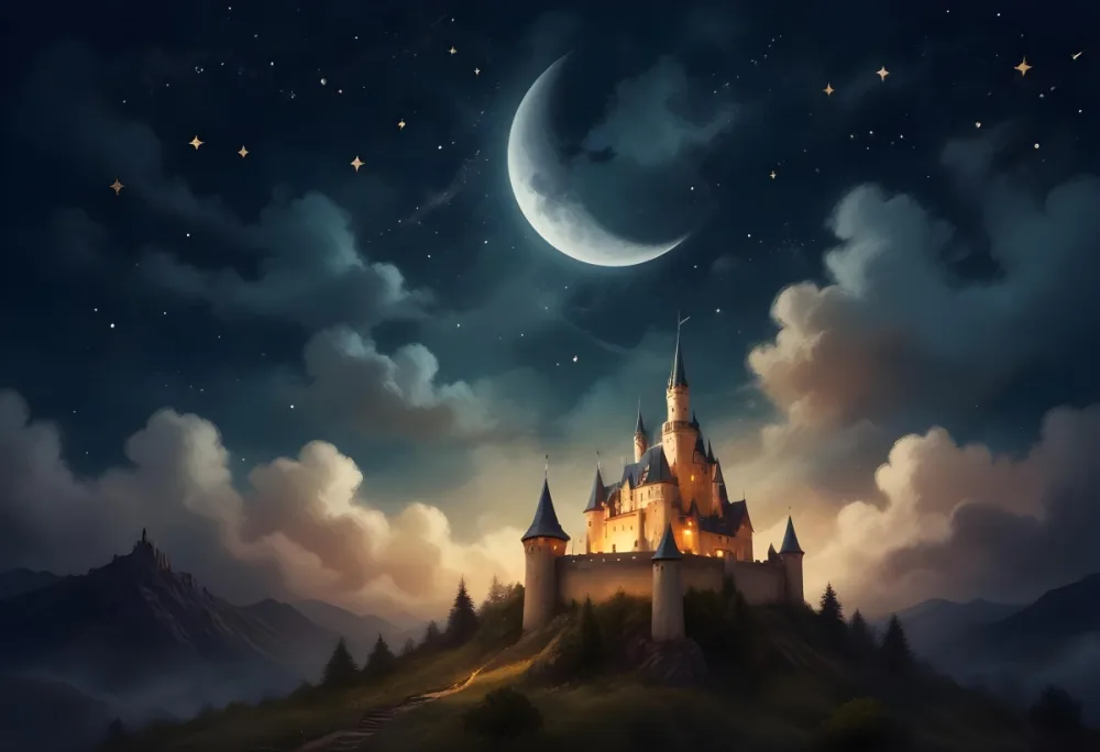 Digital Painting A Giant Crescent Moon Over A Castle On A Hill The Sky Is Cloudy With Stars The Moon Is Textured And Illuminated Dreamy Atmosphere Bold And Slim Lines Brush Strokes 16 4d6c