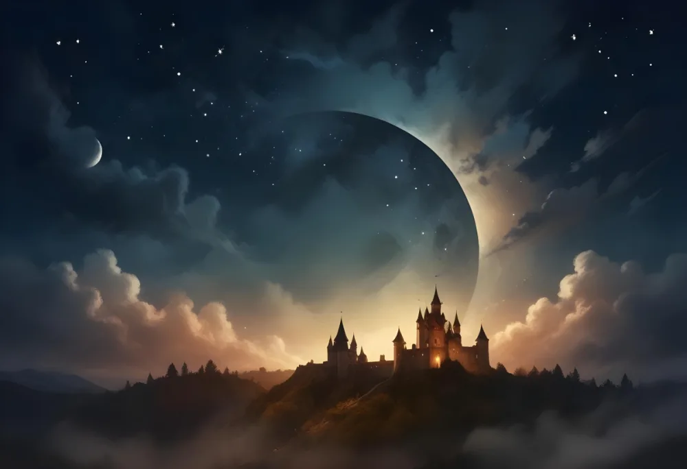 Digital Painting A Giant Crescent Moon Over A Castle On A Hill The Sky Is Cloudy With Stars The Moon Is Textured And Illuminated Dreamy Atmosphere Bold And Slim Lines Brush Strokes 17 52b6