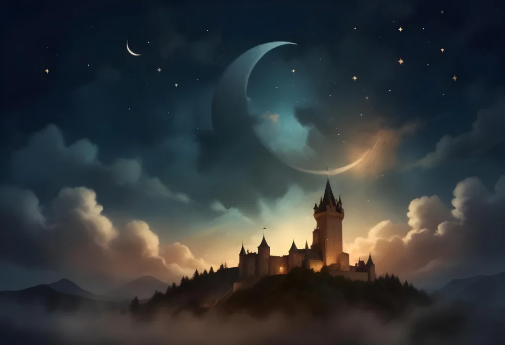 Digital Painting A Giant Crescent Moon Over A Castle On A Hill The Sky Is Cloudy With Stars The Moon Is Textured And Illuminated Dreamy Atmosphere Bold And Slim Lines Brush Strokes 18 C928