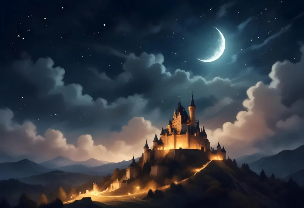 Digital Painting A Giant Crescent Moon Over A Castle On A Hill The Sky Is Cloudy With Stars The Moon Is Textured And Illuminated Dreamy Atmosphere Bold And Slim Lines Brush Strokes 2 119c
