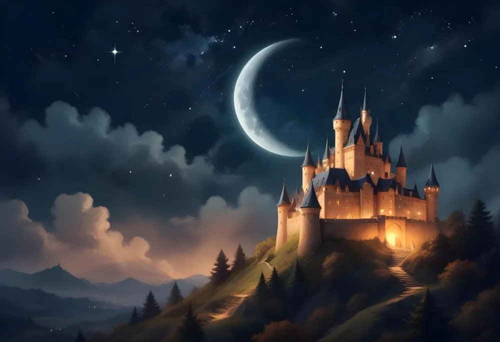 Digital Painting A Giant Crescent Moon Over A Castle On A Hill The Sky Is Cloudy With Stars The Moon Is Textured And Illuminated Dreamy Atmosphere Bold And Slim Lines Brush Strokes 3 2a27