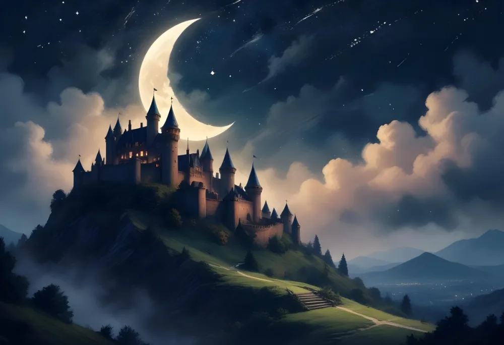 Digital Painting A Giant Crescent Moon Over A Castle On A Hill The Sky Is Cloudy With Stars The Moon Is Textured And Illuminated Dreamy Atmosphere Bold And Slim Lines Brush Strokes 4 6829