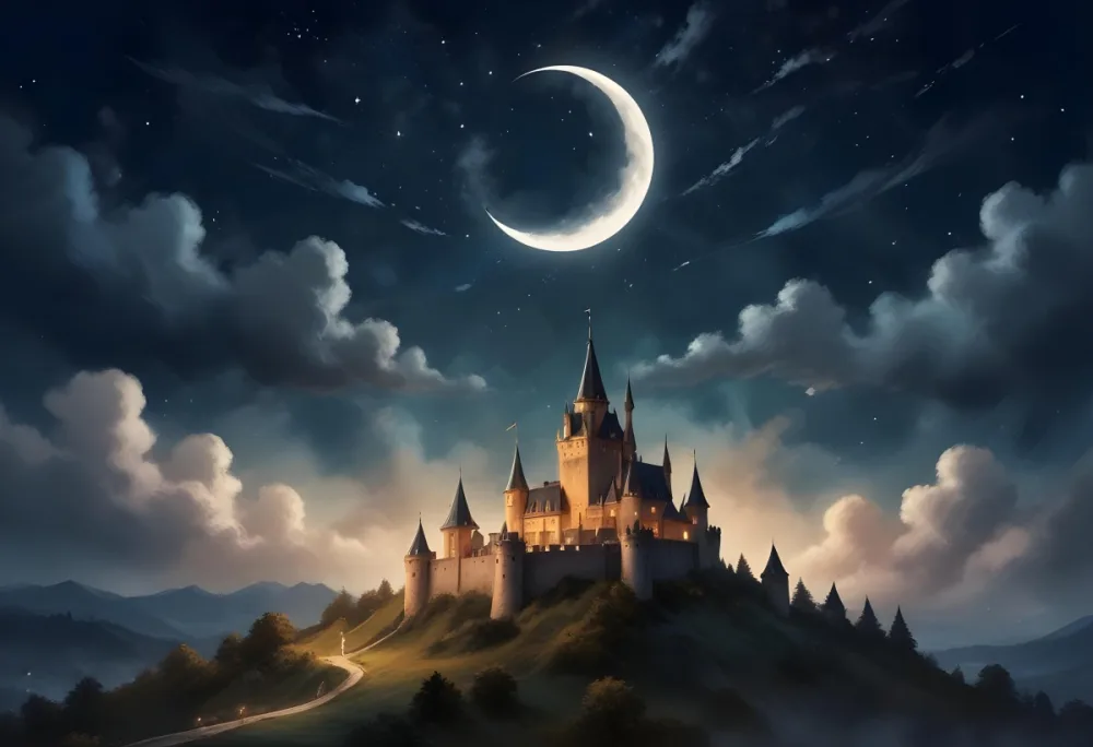 Digital Painting A Giant Crescent Moon Over A Castle On A Hill The Sky Is Cloudy With Stars The Moon Is Textured And Illuminated Dreamy Atmosphere Bold And Slim Lines Brush Strokes 5 D99e