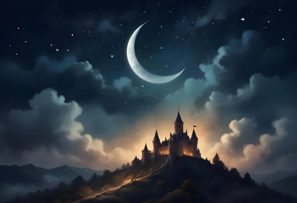 Digital Painting A Giant Crescent Moon Over A Castle On A Hill The Sky Is Cloudy With Stars The Moon Is Textured And Illuminated Dreamy Atmosphere Bold And Slim Lines Brush Strokes 6 1939