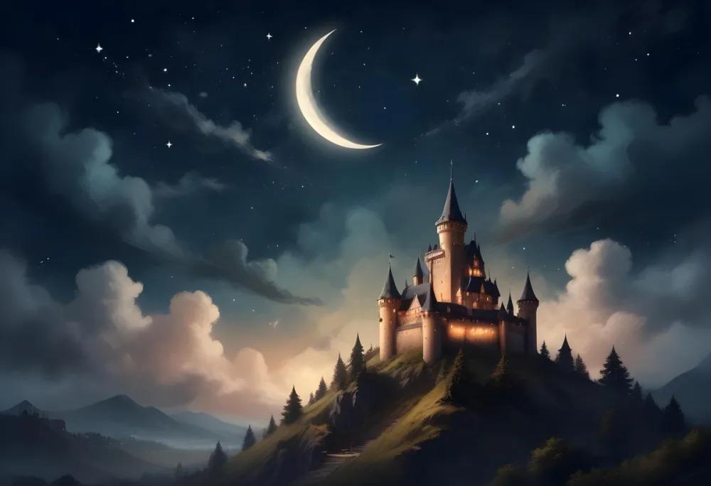 Digital Painting A Giant Crescent Moon Over A Castle On A Hill The Sky Is Cloudy With Stars The Moon Is Textured And Illuminated Dreamy Atmosphere Bold And Slim Lines Brush Strokes 7 6ca1