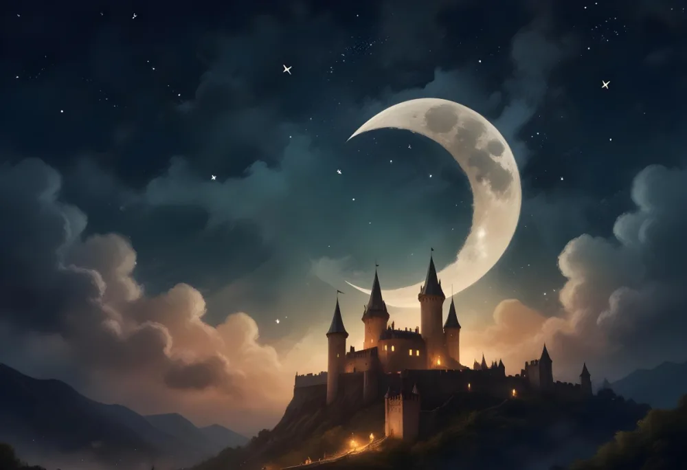 Digital Painting A Giant Crescent Moon Over A Castle On A Hill The Sky Is Cloudy With Stars The Moon Is Textured And Illuminated Dreamy Atmosphere Bold And Slim Lines Brush Strokes 8 526a