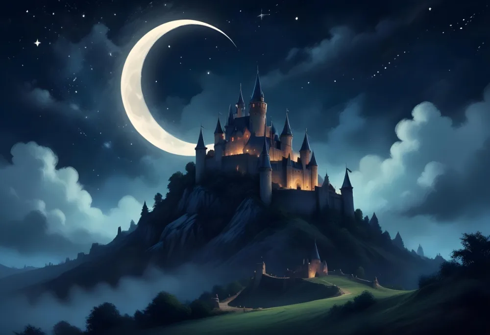 Digital Painting A Giant Crescent Moon Over A Castle On A Hill The Sky Is Cloudy With Stars The Moon Is Textured And Illuminated Dreamy Atmosphere Bold And Slim Lines Brush Strokes 9 91fe