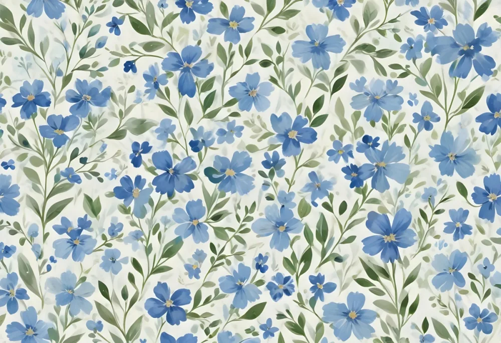 Digital Painting A Light Background With A Subtle Pattern Of Small Blue Flowers And Green Leaves Scattered Throughout The Overall Color Palette Is Soft And Pastel Creating A Delicate Floral Design Bold And Slim Lines 3 Fc9e