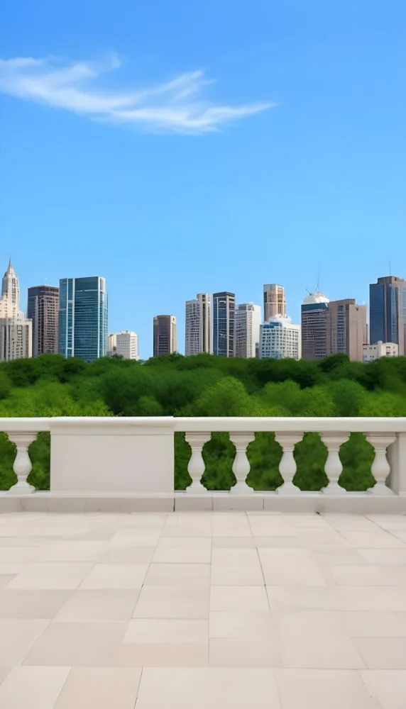 Digital Painting A Modern City Skyline With Tall Buildings And Office Buildings In The Background Viewed From A Terrace With A White Stone Railing In The Foreground And Green Trees Or Bushes Below Bold And Slim Lines 12 77a8