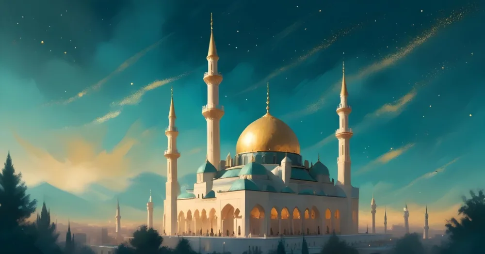 Digital Painting A Mosque With A Golden Dome And Minarets Soft Lighting Against A Teal Background With Subtle Sparkles And Wispy Clouds At The Base Bold And Slim Lines Brush Strokes 3 8d1e