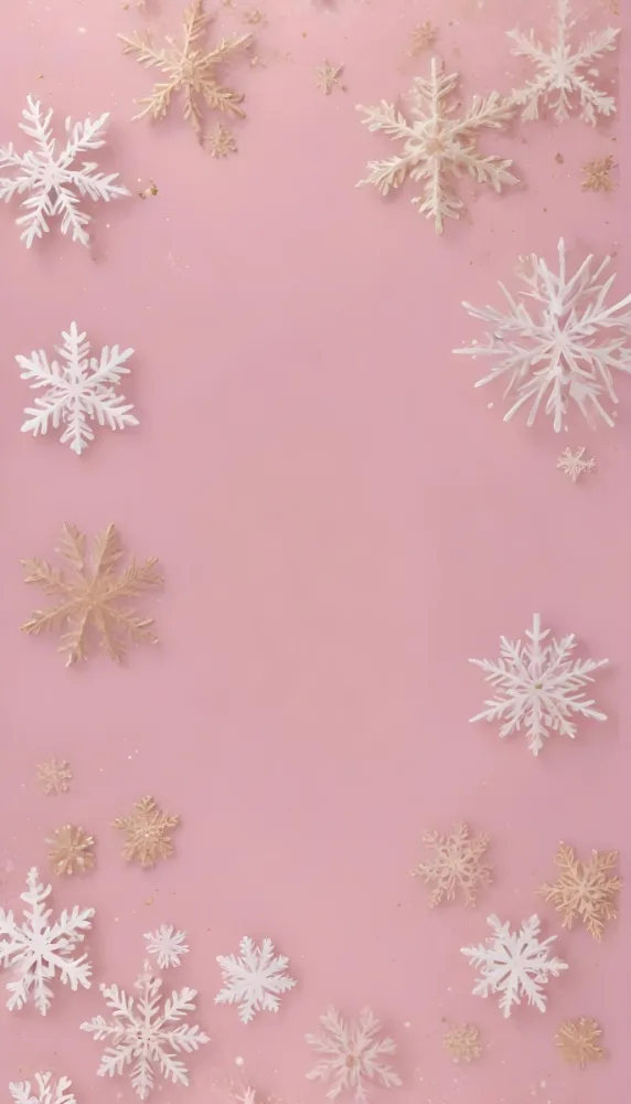 Digital Painting A Pink Background With White And Gold Snowflakes Of Various Sizes Scattered Throughout The Frame Bold And Slim Lines Brush Strokes 21 E5d6
