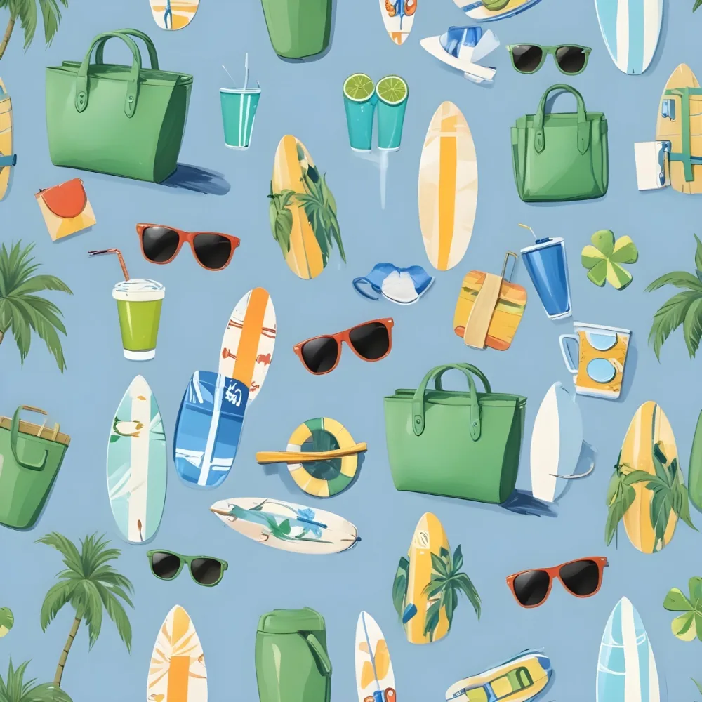 Digital Painting A Repeating Pattern Featuring Beach Themed Items Including A Green Beach Bag Surfboards Sunglasses Flip Flops A Camera And A Drink The Background Is A Light Blue Color Enhancing The Summery 3 03ec