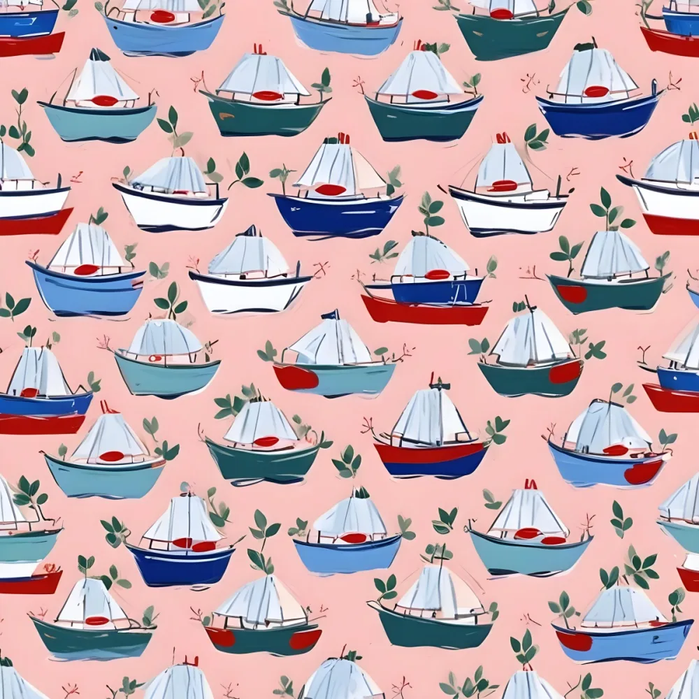 Digital Painting A Repeating Pattern Featuring Cartoonish Blue And White Boats With Red Accents Surrounded By Small Green Leaves Set Against A Soft Pink Background Bold And Slim Lines Brush Strokes 7 70a1