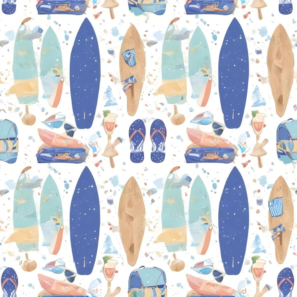 Digital Painting A Repeating Pattern Featuring Various Beach Themed Items Including Surfboards In Blue And Pastel Colors A Beach Bag Sunglasses A Drink Flip Flops And A Wooden Signpost With Beach Related Text 48 Ea0a