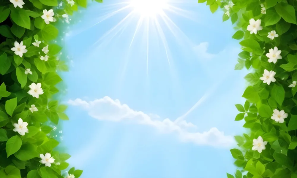 Digital Painting A Sunny Sky With Some Clouds And Green Leaves On The Borders Blue Light In The Center Light Blue Gradient Background Bold And Slim Lines Brush Strokes 10 9710