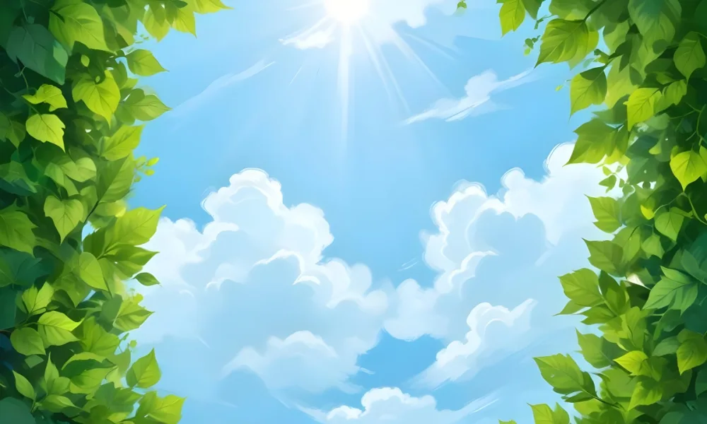 Digital Painting A Sunny Sky With Some Clouds And Green Leaves On The Borders Blue Light In The Center Light Blue Gradient Background Bold And Slim Lines Brush Strokes 14 8f66