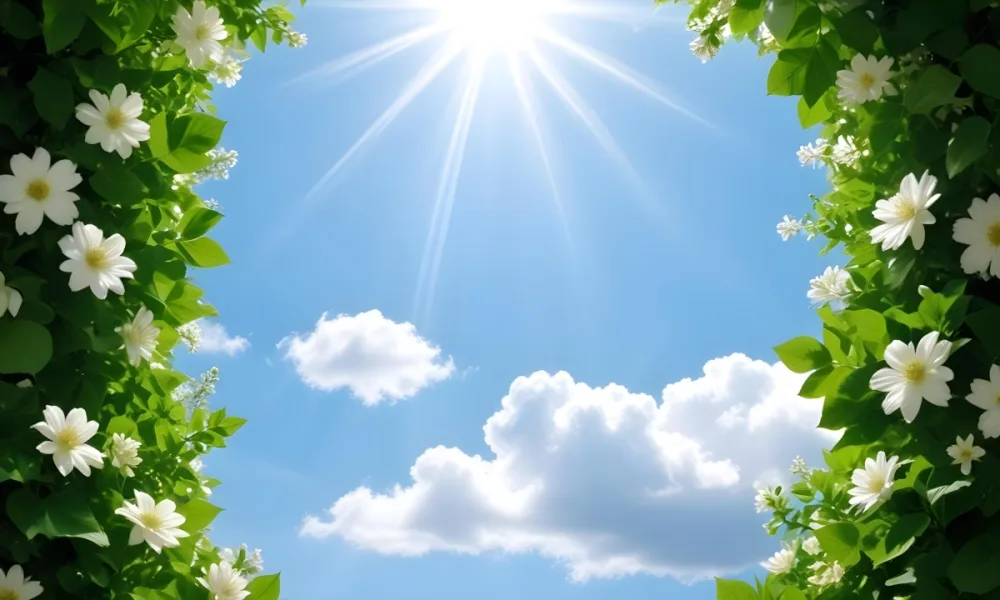 Digital Painting A Sunny Sky With Some Clouds And Green Leaves On The Borders Blue Light In The Center Light Blue Gradient Background Bold And Slim Lines Brush Strokes 2 85f3
