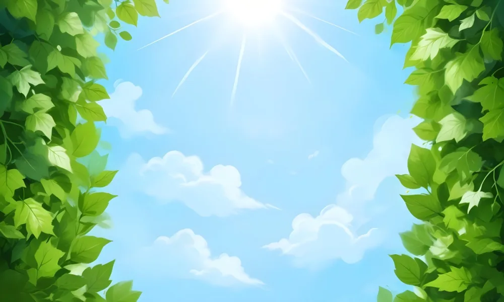 Digital Painting A Sunny Sky With Some Clouds And Green Leaves On The Borders Blue Light In The Center Light Blue Gradient Background Bold And Slim Lines Brush Strokes 23 6dd6