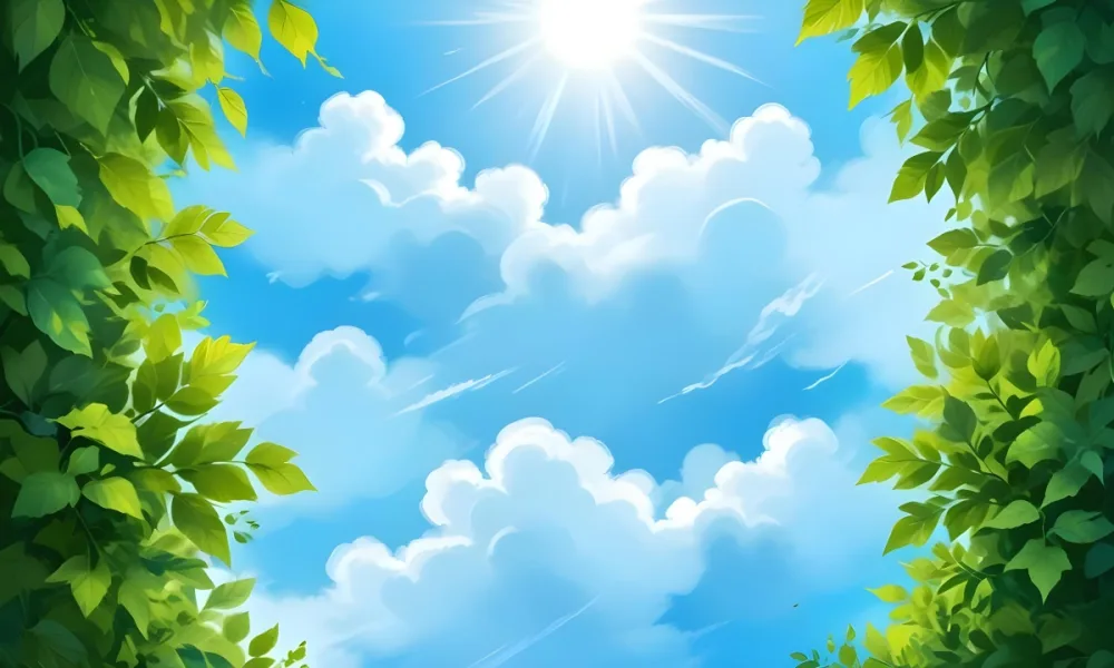 Digital Painting A Sunny Sky With Some Clouds And Green Leaves On The Borders Blue Light In The Center Light Blue Gradient Background Bold And Slim Lines Brush Strokes 29 F32c