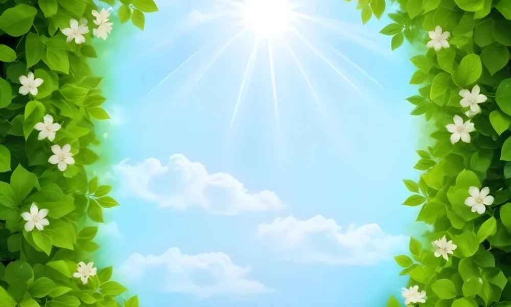 Digital Painting A Sunny Sky With Some Clouds And Green Leaves On The Borders Blue Light In The Center Light Blue Gradient Background Bold And Slim Lines Brush Strokes 32 Cc3b