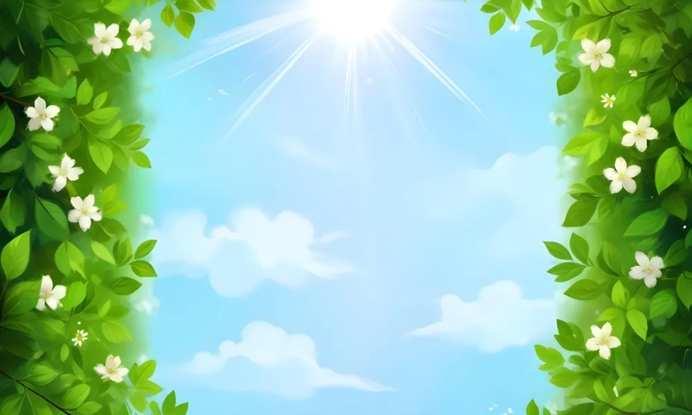 Digital Painting A Sunny Sky With Some Clouds And Green Leaves On The Borders Blue Light In The Center Light Blue Gradient Background Bold And Slim Lines Brush Strokes 37 492f