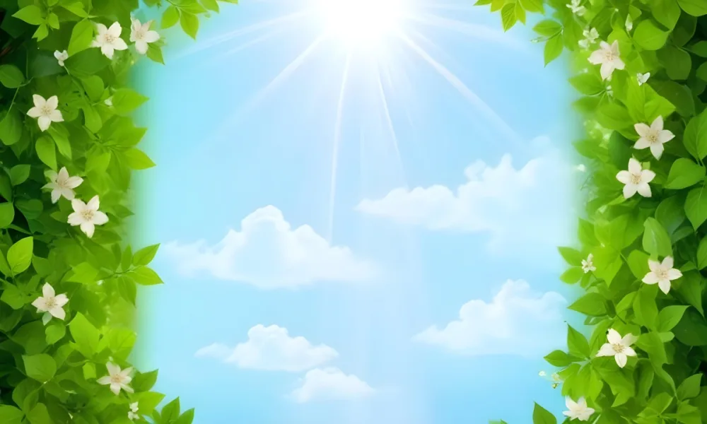 Digital Painting A Sunny Sky With Some Clouds And Green Leaves On The Borders Blue Light In The Center Light Blue Gradient Background Bold And Slim Lines Brush Strokes 38 05ea