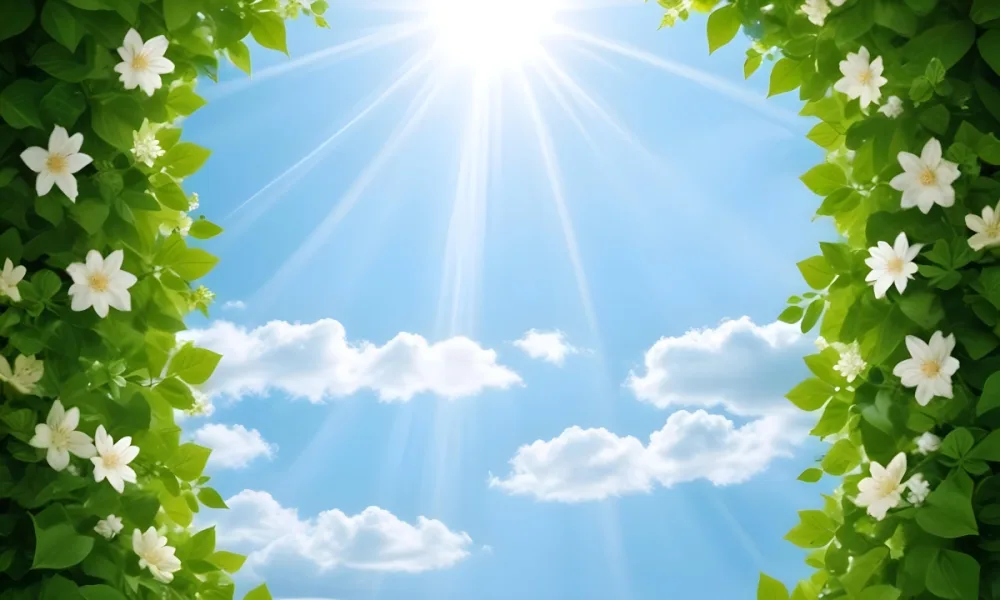 Digital Painting A Sunny Sky With Some Clouds And Green Leaves On The Borders Blue Light In The Center Light Blue Gradient Background Bold And Slim Lines Brush Strokes 41 C9cc