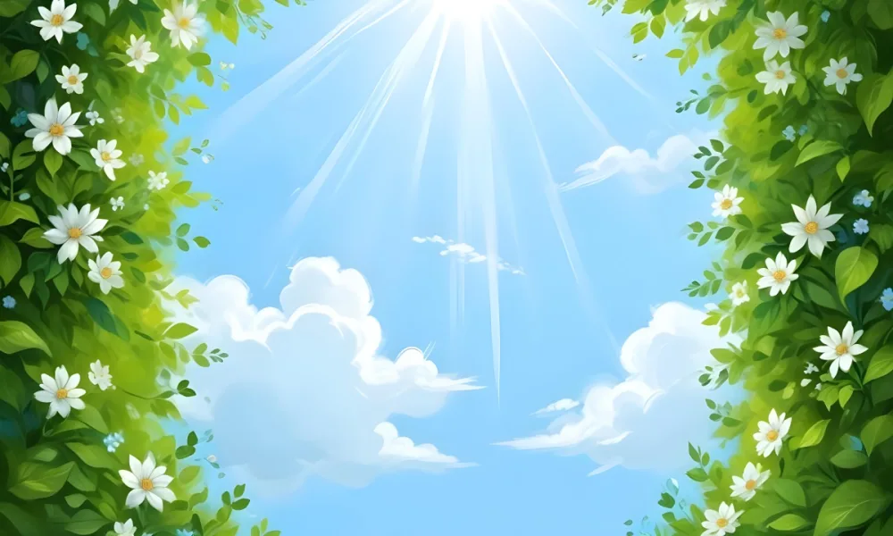 Digital Painting A Sunny Sky With Some Clouds And Green Leaves On The Borders Blue Light In The Center Light Blue Gradient Background Bold And Slim Lines Brush Strokes 46 C307
