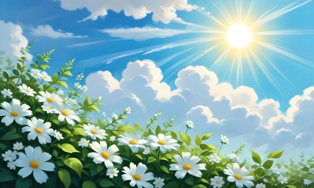 Digital Painting A Sunny Sky With Some Clouds And Green Leaves On The Borders Blue Light In The Center Light Blue Gradient Background Bold And Slim Lines Brush Strokes 5 2634