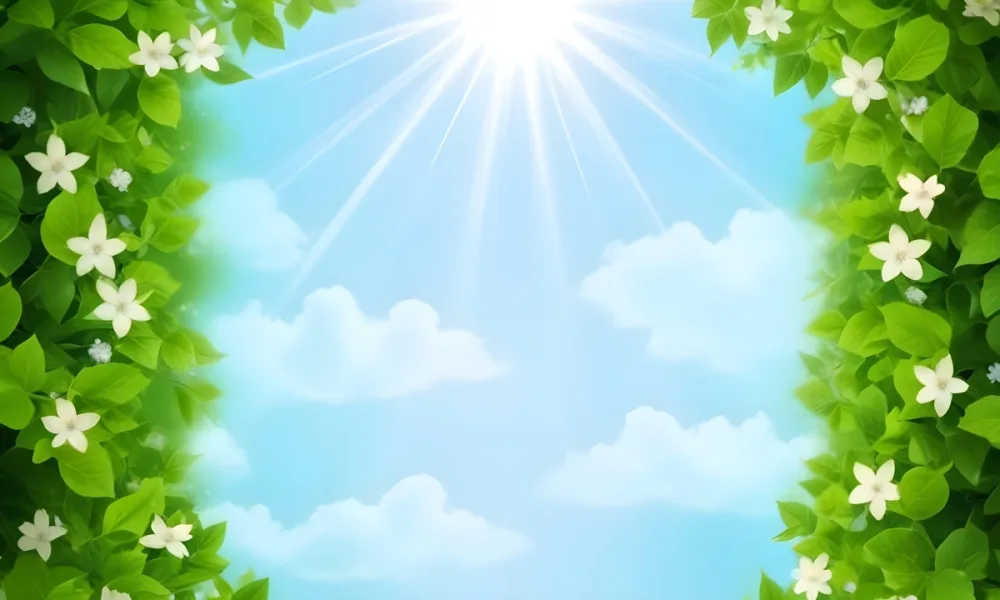 Digital Painting A Sunny Sky With Some Clouds And Green Leaves On The Borders Blue Light In The Center Light Blue Gradient Background Bold And Slim Lines Brush Strokes 51 4f20