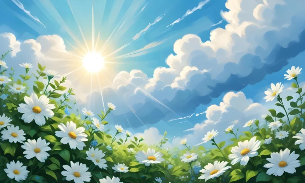 Digital Painting A Sunny Sky With Some Clouds And Green Leaves On The Borders Blue Light In The Center Light Blue Gradient Background Bold And Slim Lines Brush Strokes 52 7b6e