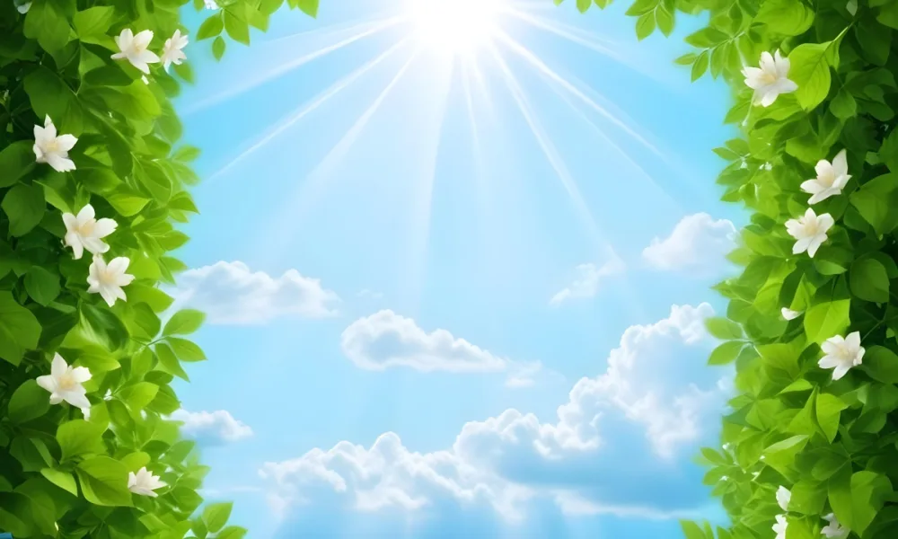 Digital Painting A Sunny Sky With Some Clouds And Green Leaves On The Borders Blue Light In The Center Light Blue Gradient Background Bold And Slim Lines Brush Strokes 53 7b5a