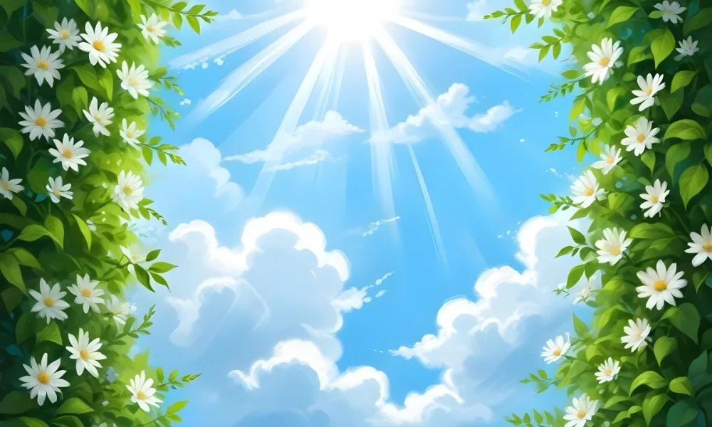 Digital Painting A Sunny Sky With Some Clouds And Green Leaves On The Borders Blue Light In The Center Light Blue Gradient Background Bold And Slim Lines Brush Strokes 54 F609