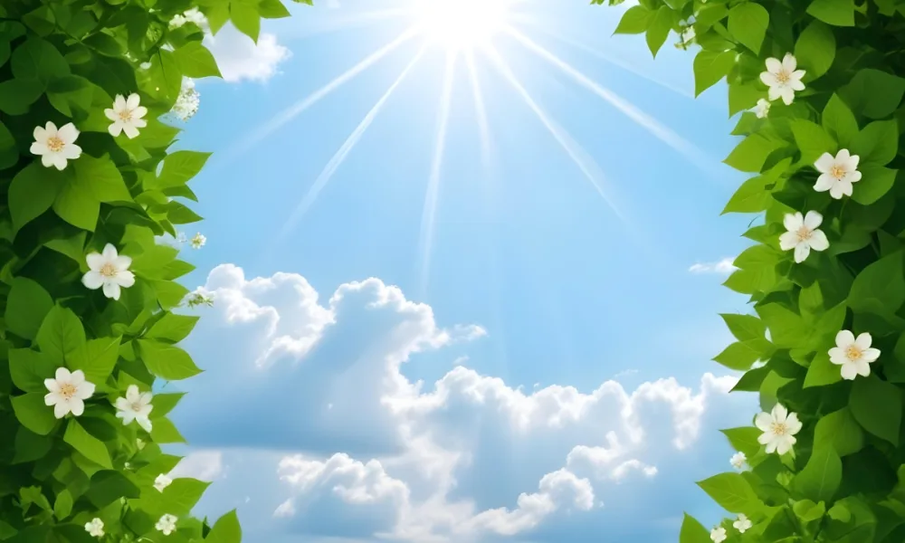 Digital Painting A Sunny Sky With Some Clouds And Green Leaves On The Borders Blue Light In The Center Light Blue Gradient Background Bold And Slim Lines Brush Strokes 55 9c7e