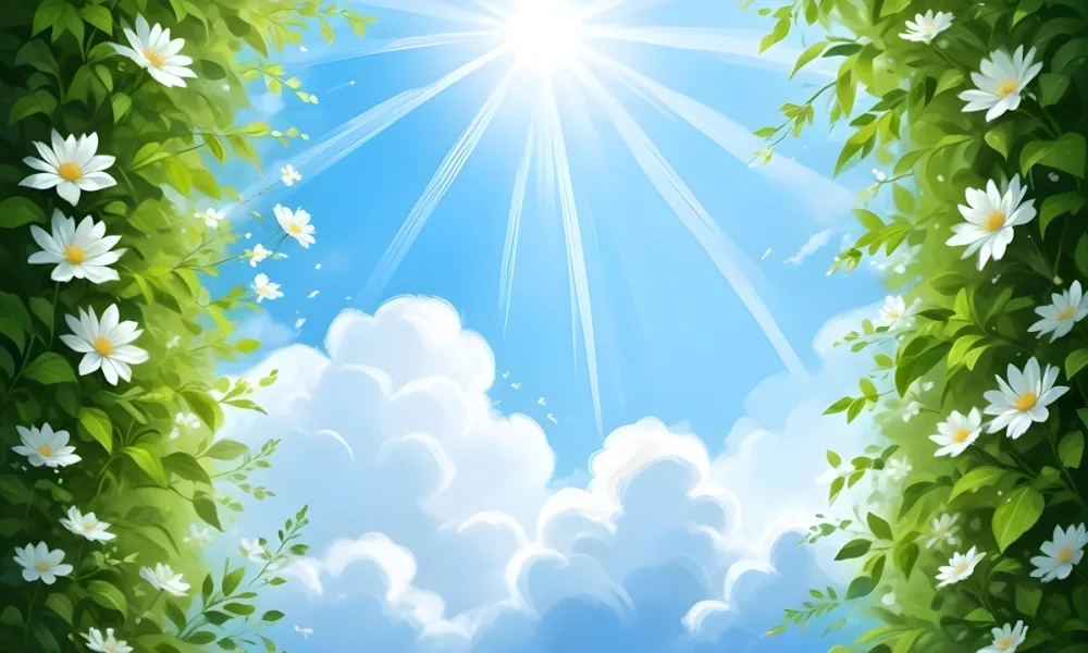 Digital Painting A Sunny Sky With Some Clouds And Green Leaves On The Borders Blue Light In The Center Light Blue Gradient Background Bold And Slim Lines Brush Strokes 56 D3f2