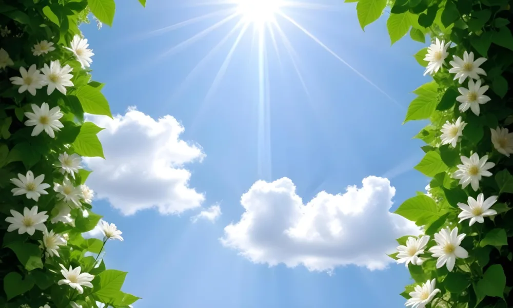 Digital Painting A Sunny Sky With Some Clouds And Green Leaves On The Borders Blue Light In The Center Light Blue Gradient Background Bold And Slim Lines Brush Strokes 57 D914