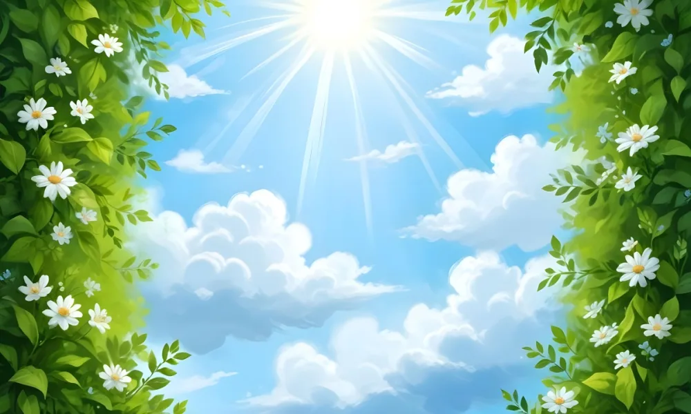 Digital Painting A Sunny Sky With Some Clouds And Green Leaves On The Borders Blue Light In The Center Light Blue Gradient Background Bold And Slim Lines Brush Strokes 58 E73d