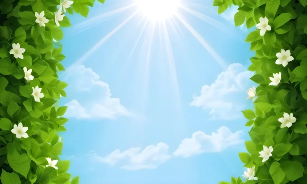 Digital Painting A Sunny Sky With Some Clouds And Green Leaves On The Borders Blue Light In The Center Light Blue Gradient Background Bold And Slim Lines Brush Strokes 59 4bba