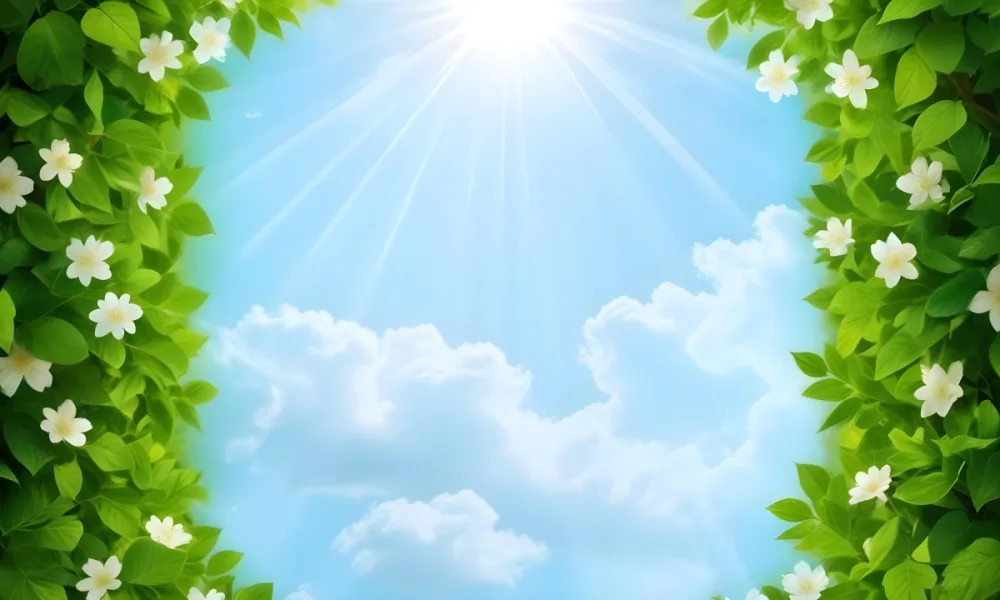 Digital Painting A Sunny Sky With Some Clouds And Green Leaves On The Borders Blue Light In The Center Light Blue Gradient Background Bold And Slim Lines Brush Strokes 6 0aa8