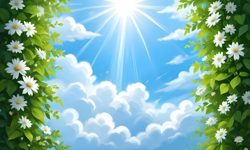 Digital Painting A Sunny Sky With Some Clouds And Green Leaves On The Borders Blue Light In The Center Light Blue Gradient Background Bold And Slim Lines Brush Strokes 7 C69b